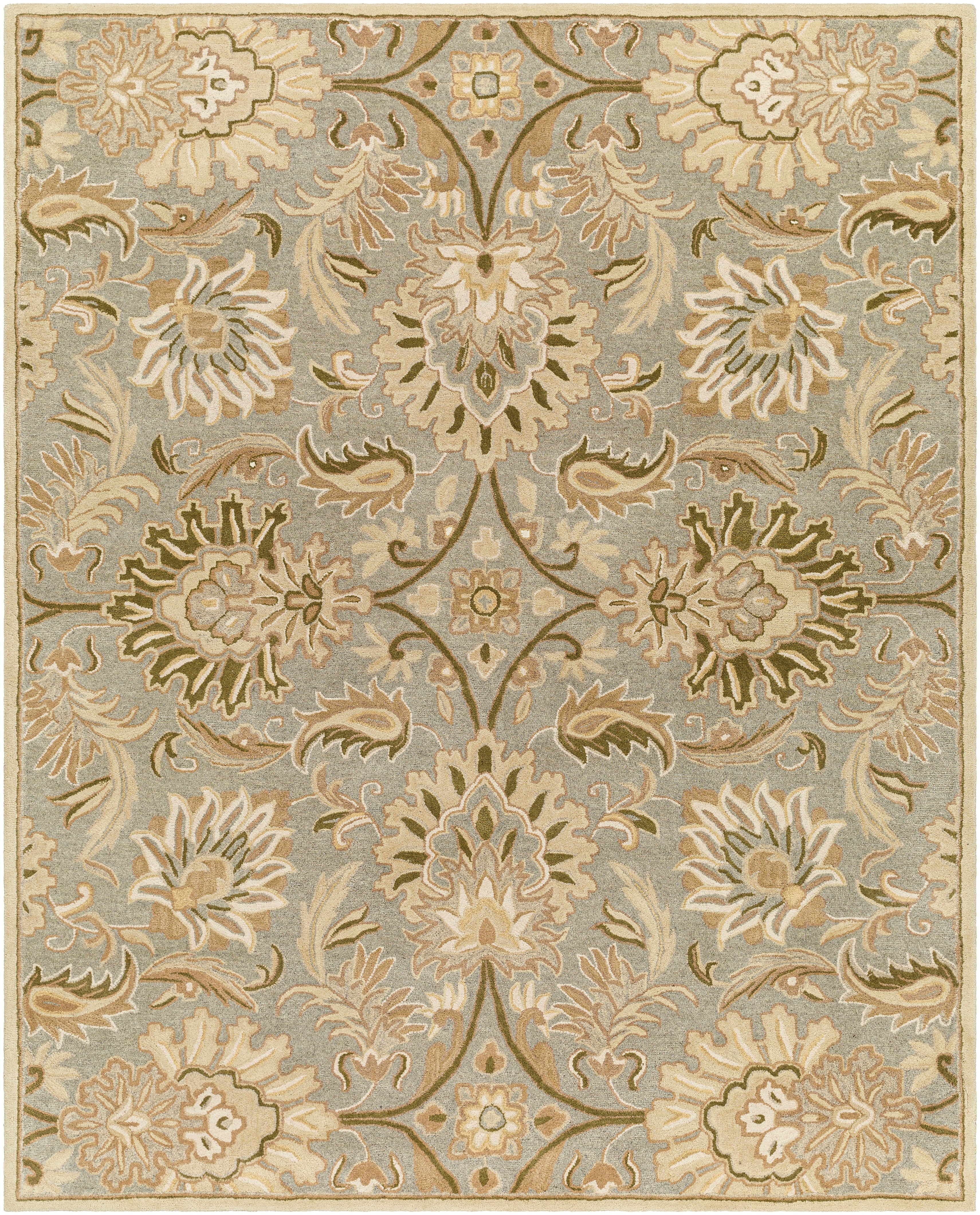 Mediterranean Sky hand-tufted wool rug with sage, gray, and ivory floral patterns.