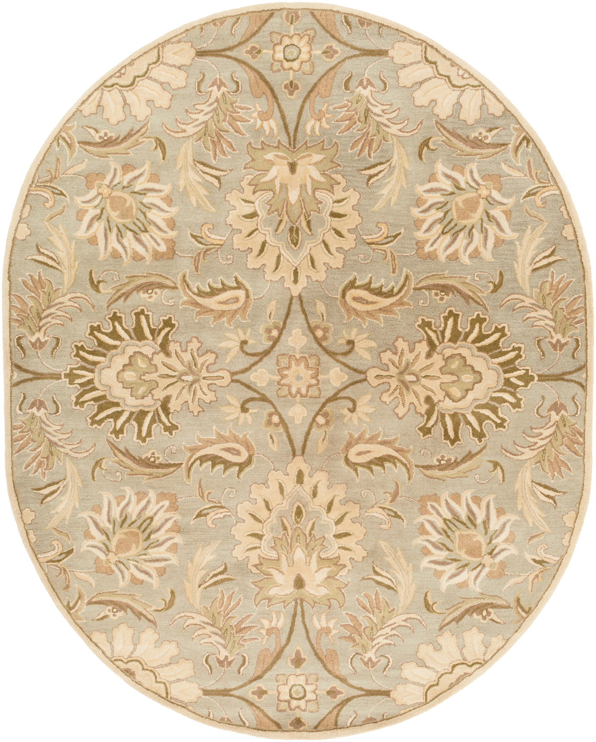 Oval hand-tufted wool rug with a floral pattern in sage, ivory, and olive.