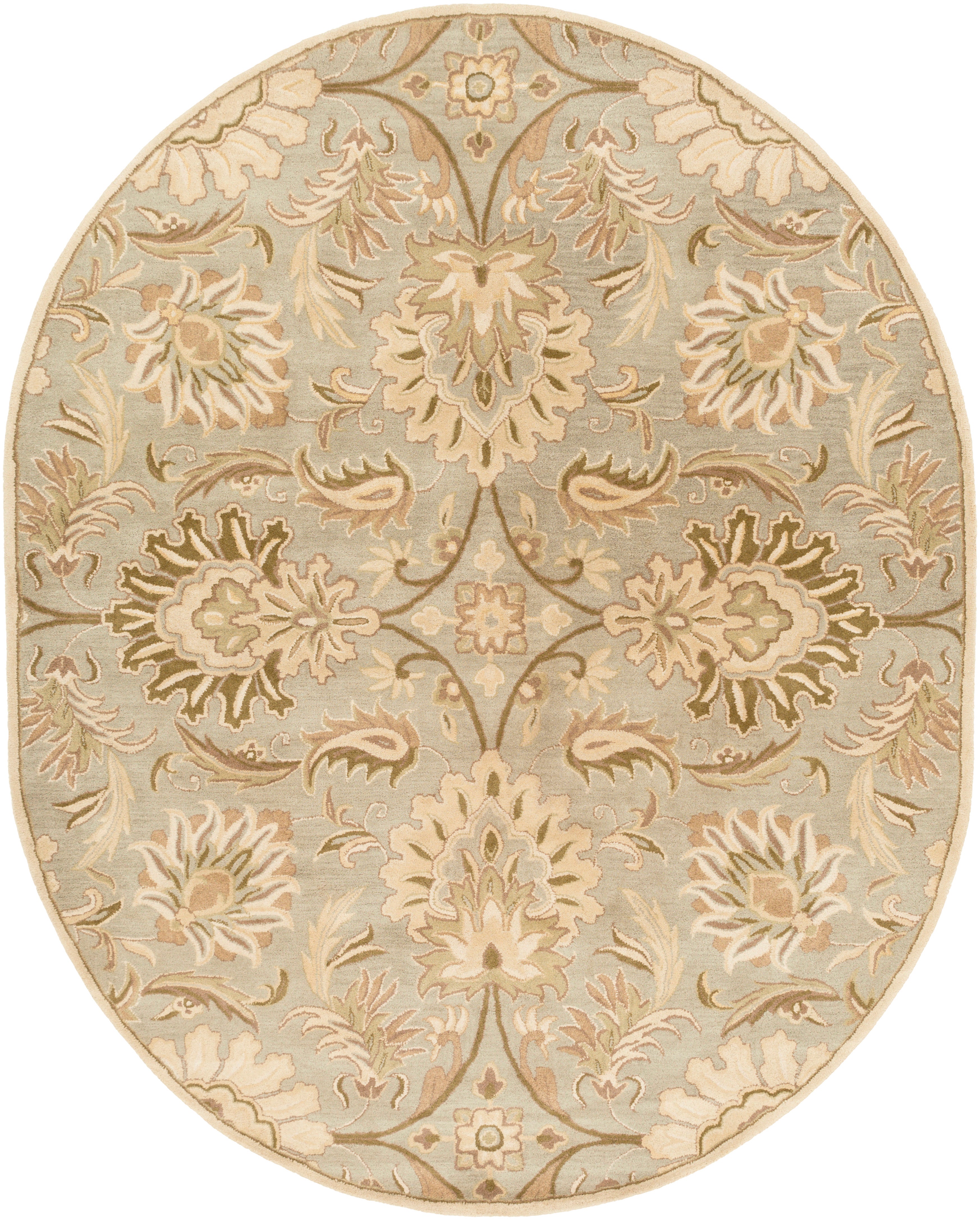 Oval hand-tufted wool rug with a floral pattern in sage, ivory, and olive.