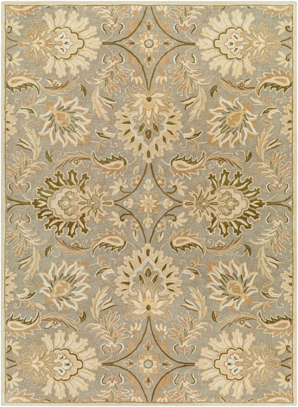 Mediterranean Sky hand-tufted wool rug with sage, ivory, and olive floral patterns.