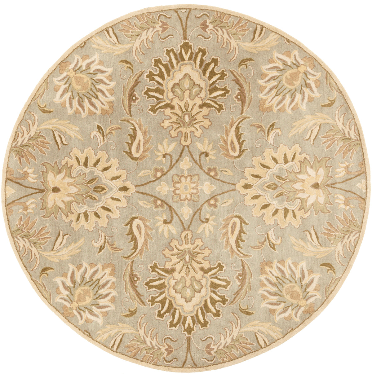 Round Mediterranean Sky hand-tufted wool rug with sage, ivory, and olive floral patterns.