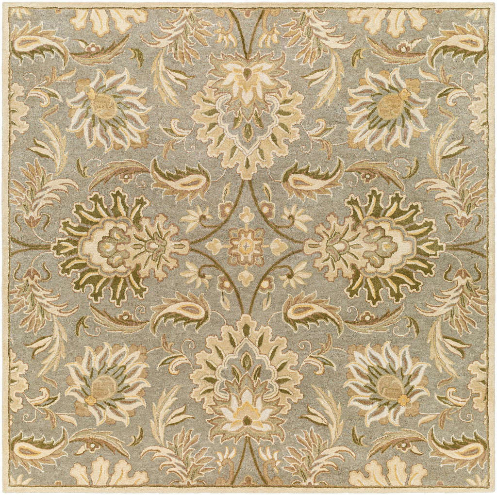 Mediterranean Sky hand-tufted wool rug with sage, gray, and ivory floral patterns.