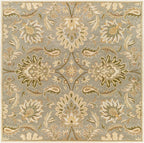 Mediterranean Sky hand-tufted wool rug with sage, gray, and ivory floral patterns.