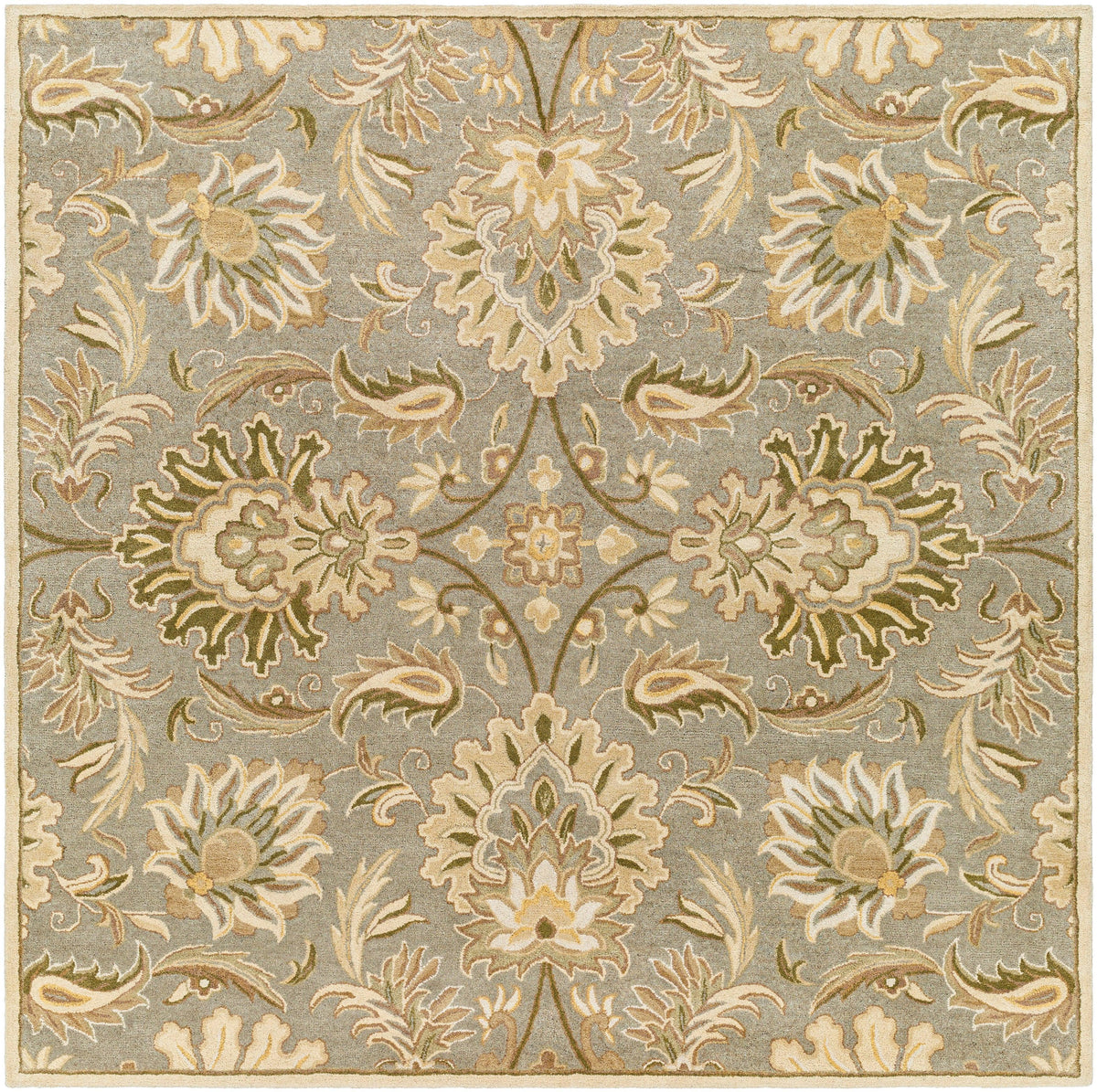 Mediterranean Sky hand-tufted wool rug with sage, gray, and ivory floral patterns.
