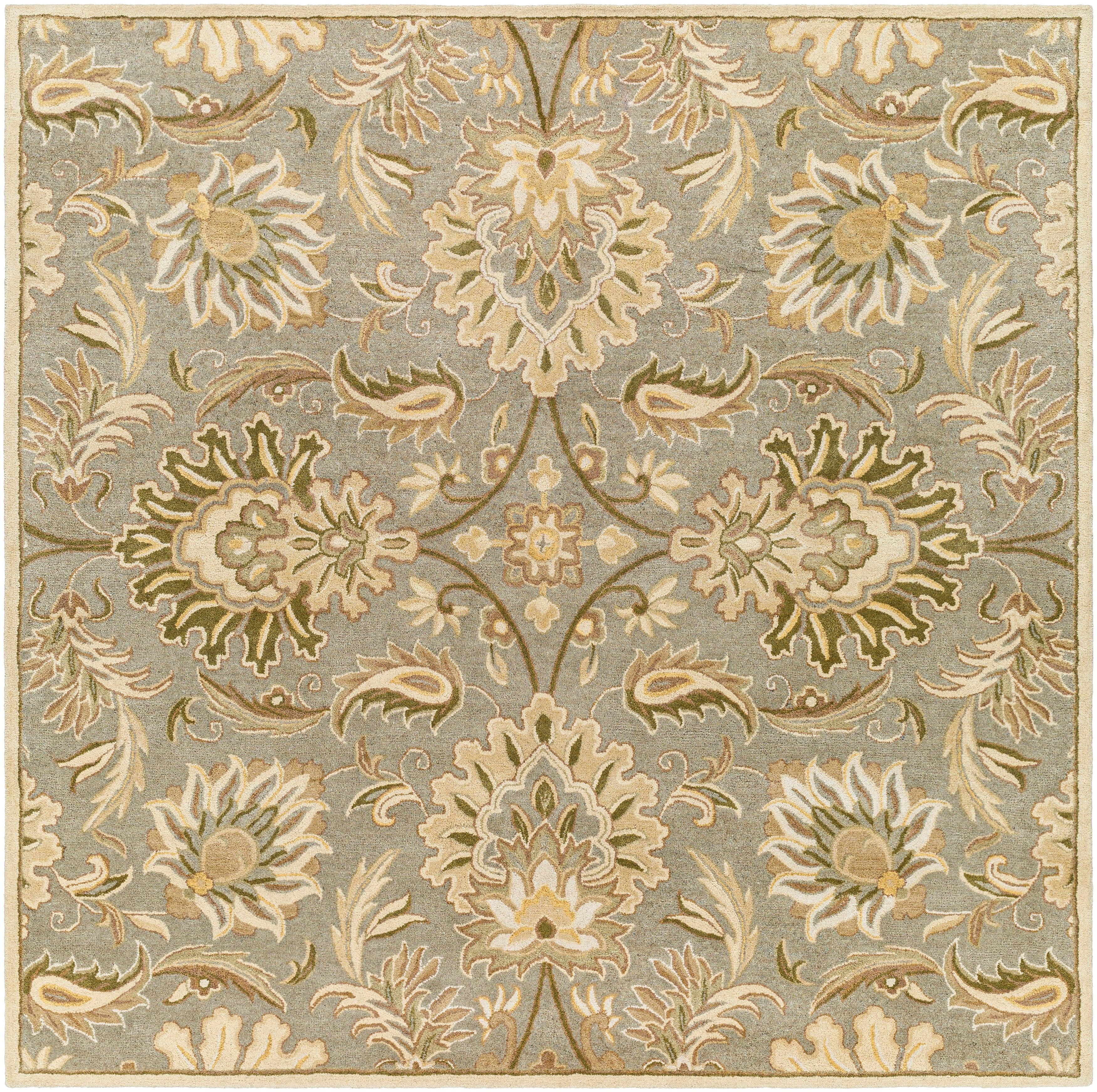 Mediterranean Sky hand-tufted wool rug with sage, gray, and ivory floral patterns.