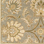 Mediterranean Sky hand-tufted wool rug with gray, sage, and ivory floral patterns.