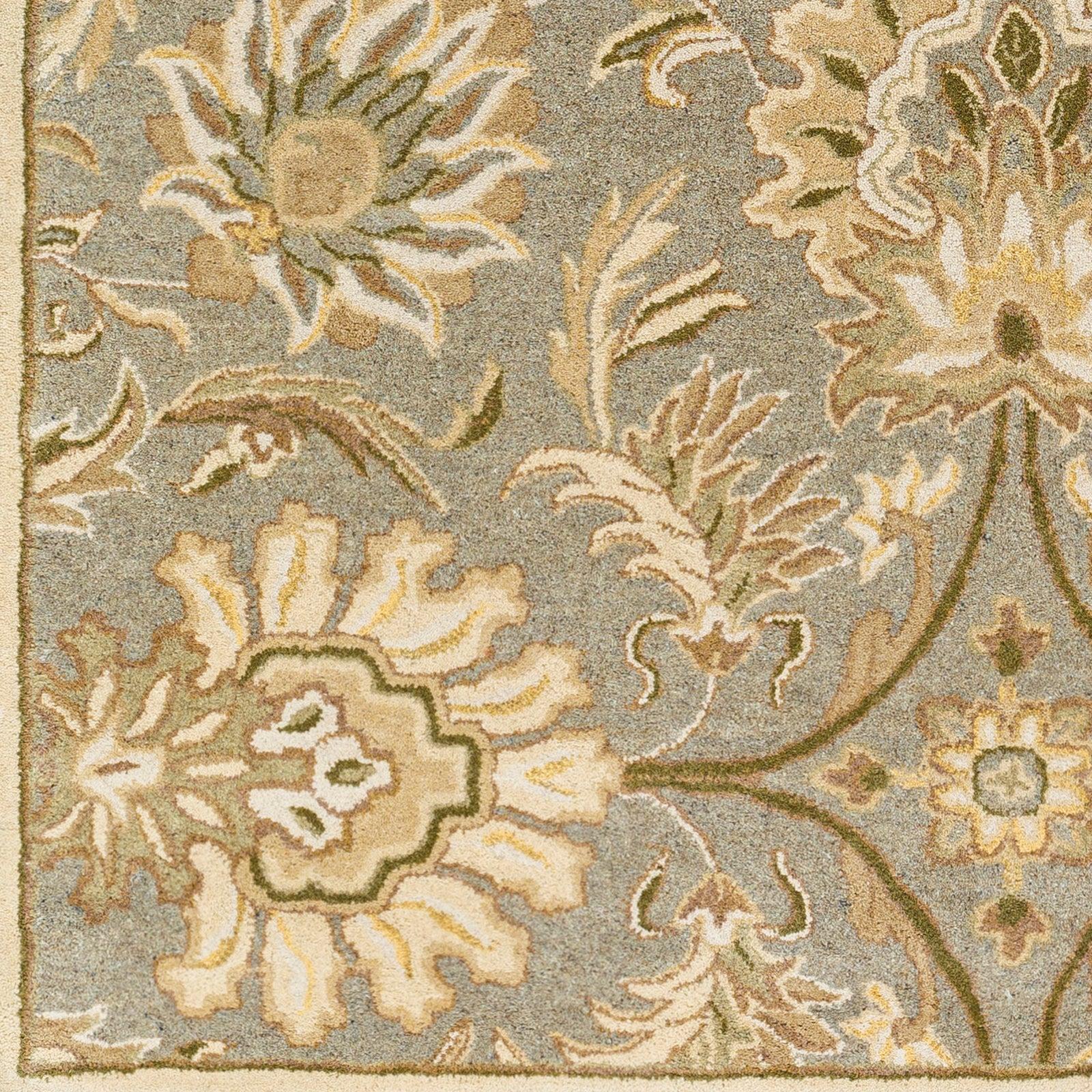Mediterranean Sky hand-tufted wool rug with gray, sage, and ivory floral patterns.