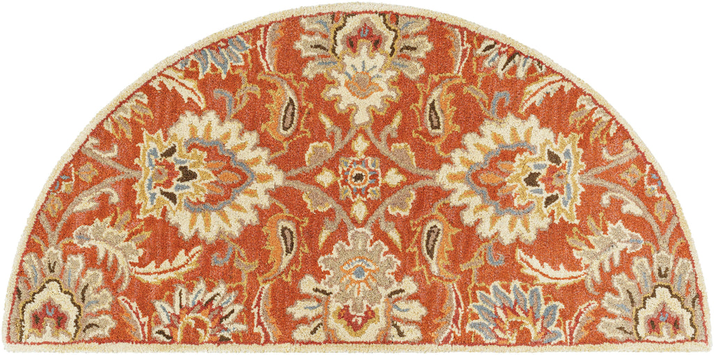 Half-circle Mediterranean Cider hand-tufted wool rug with burnt orange floral patterns.