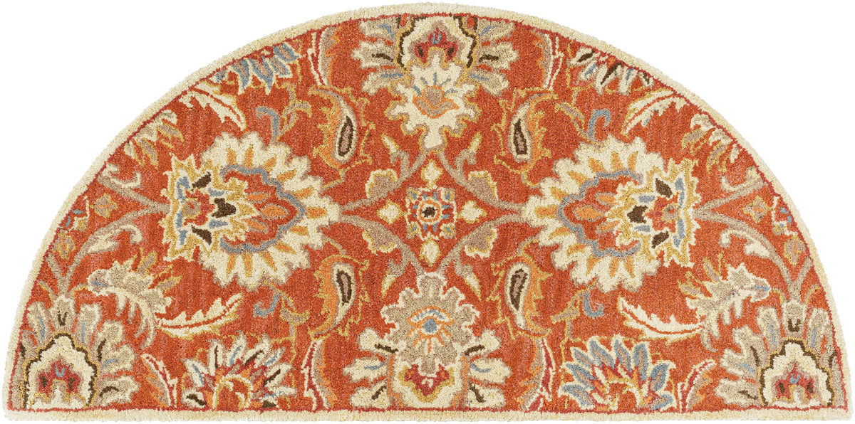 Half-circle Mediterranean Cider hand-tufted wool rug with burnt orange floral patterns.