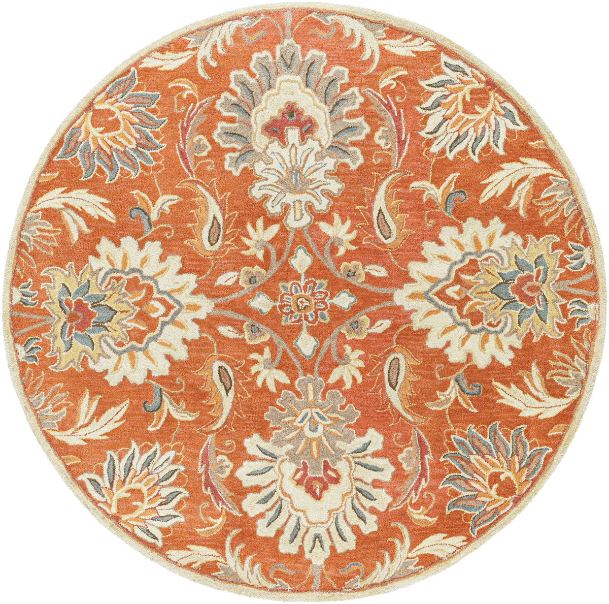 Round orange Mediterranean wool rug with floral and paisley patterns