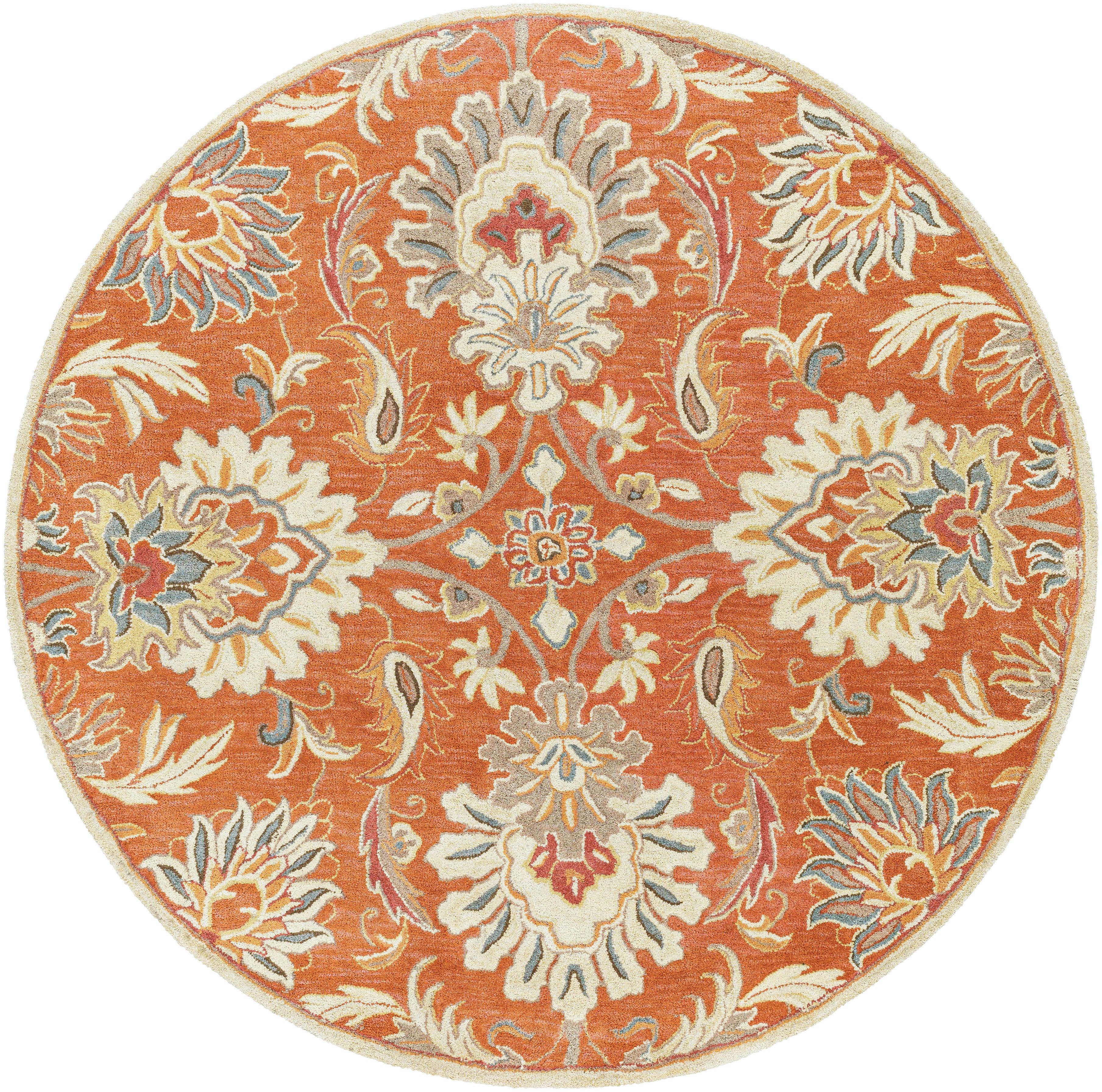 Round orange Mediterranean wool rug with floral and paisley patterns
