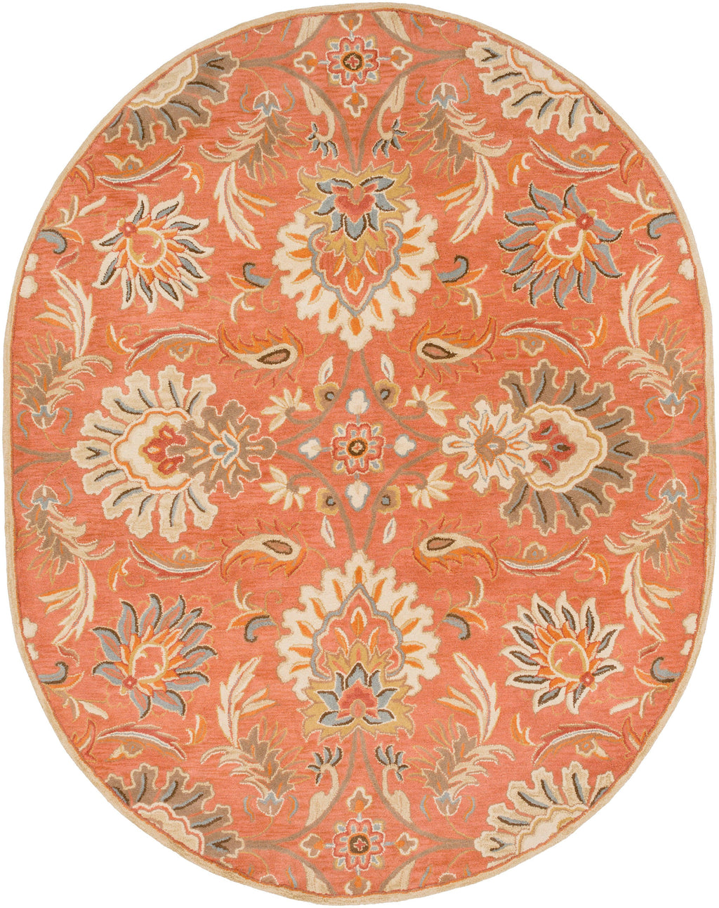 Oval burnt orange Mediterranean Cider wool rug with hand-tufted floral patterns.