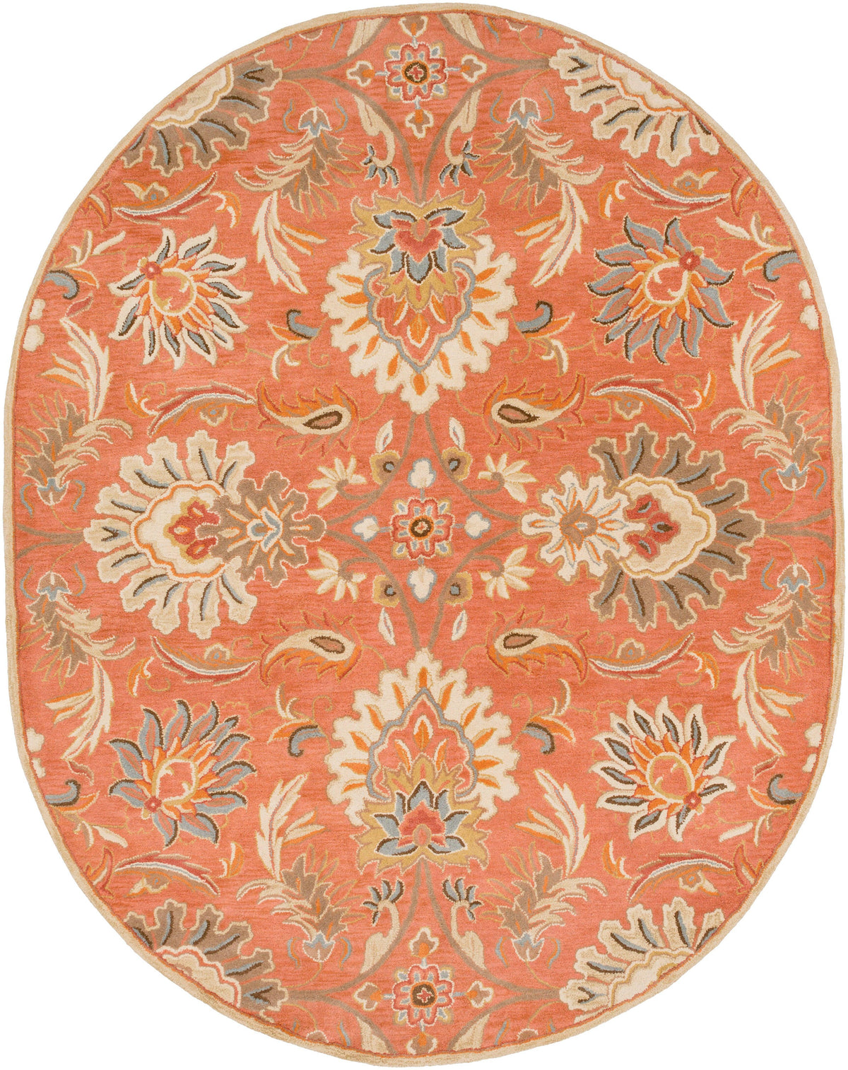 Oval burnt orange Mediterranean Cider wool rug with hand-tufted floral patterns.