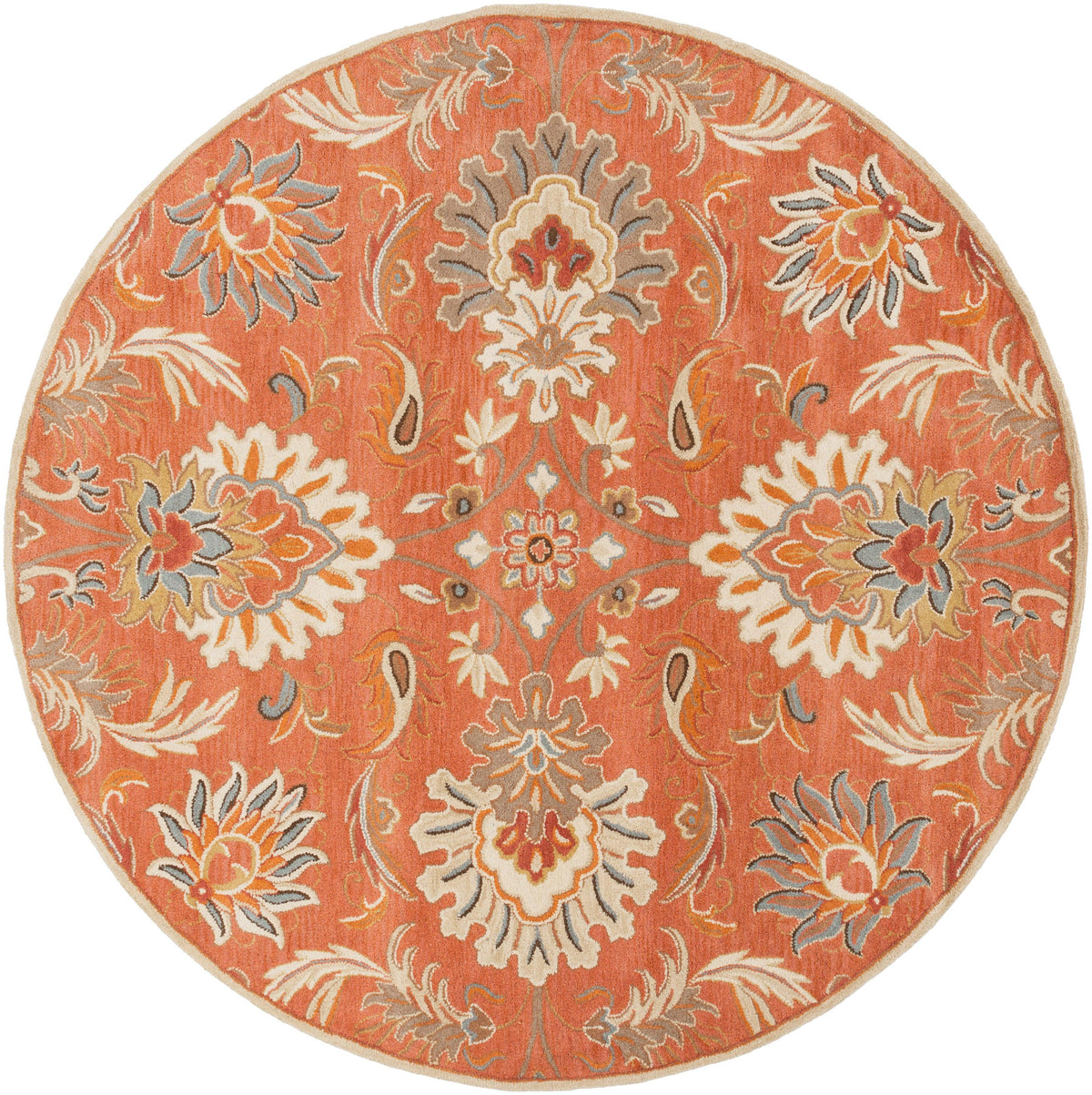 Round burnt orange Mediterranean Cider hand-tufted wool rug with floral patterns
