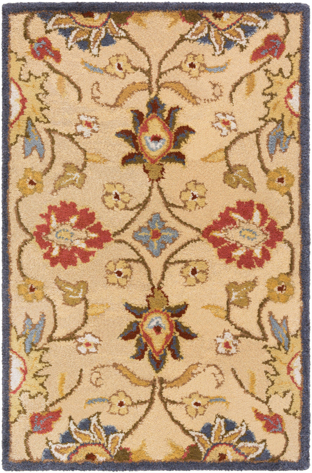 Mediterranean wool rug with floral patterns in red, tan, blue, and olive.