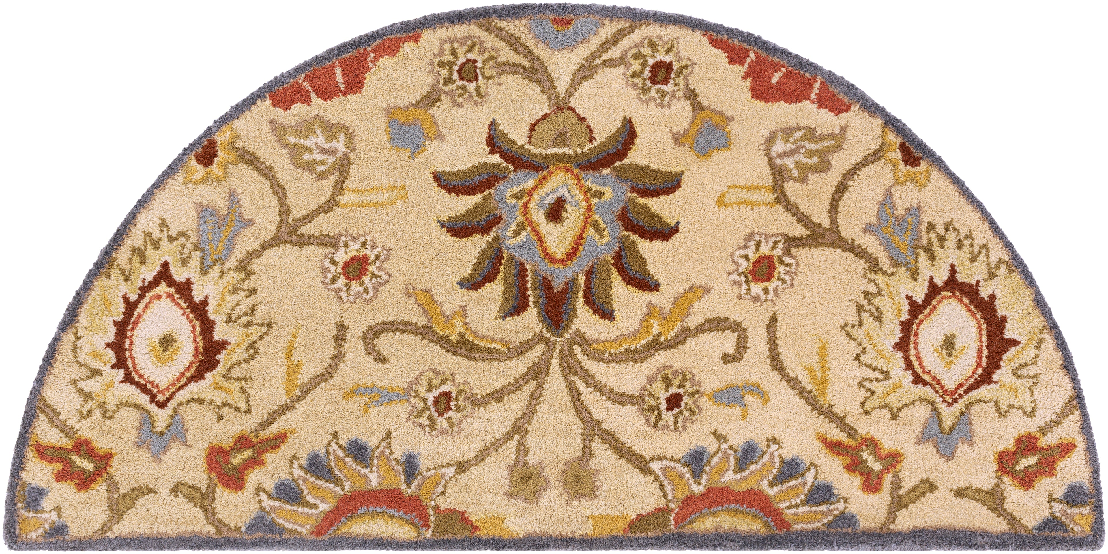 Half-circle Mediterranean wool rug with floral patterns in red, olive, and blue.