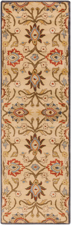 Mediterranean multi hand-tufted wool runner rug with floral patterns in red, blue, and tan.