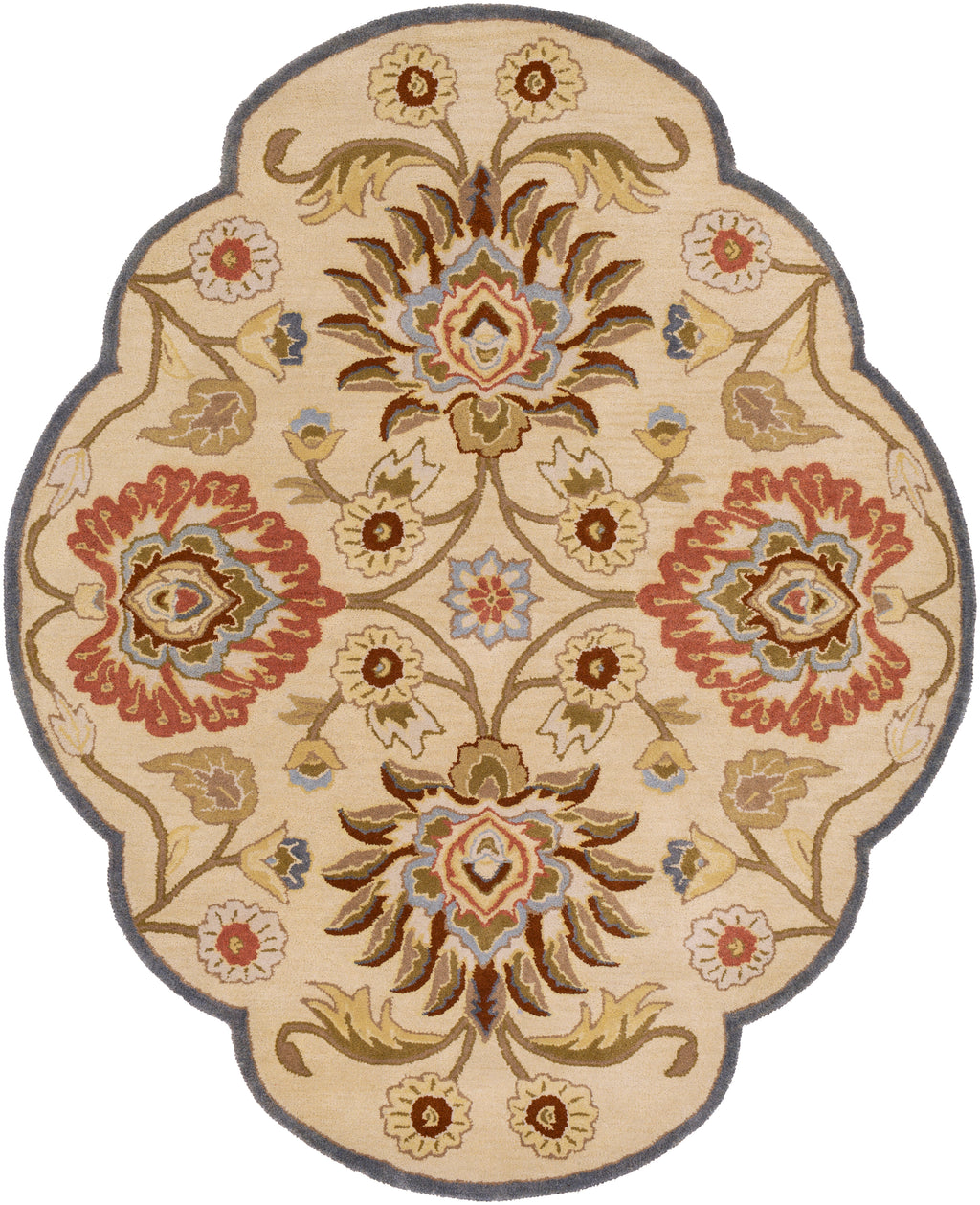 Mediterranean multi hand-tufted wool rug with floral patterns in red, tan, and blue.