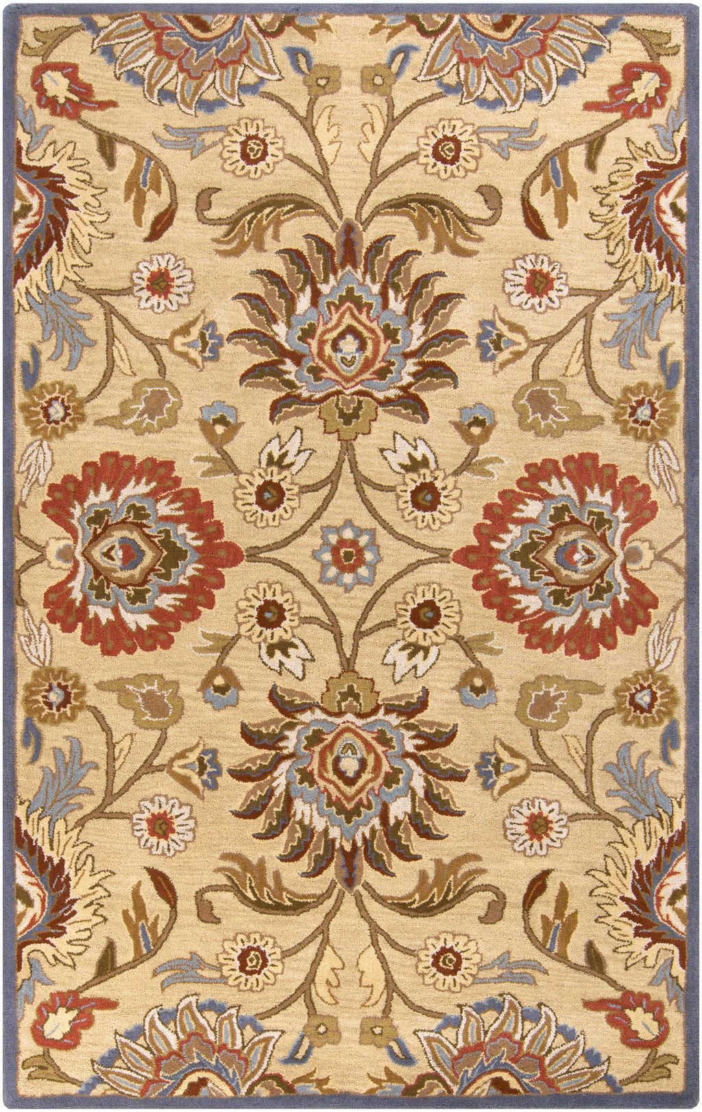 Mediterranean Multi Hand-Tufted wool rug with floral patterns in red, tan, and blue.