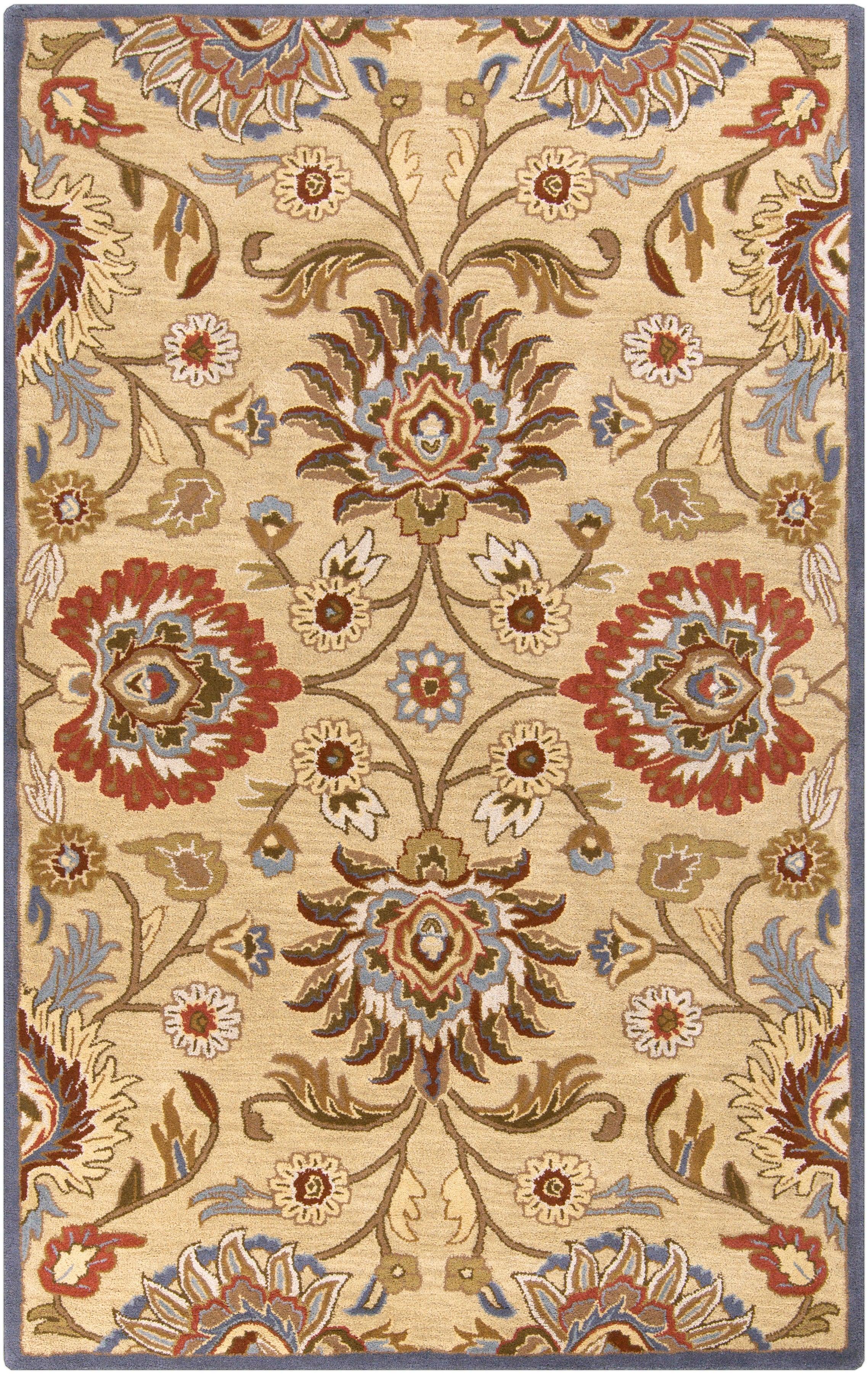Mediterranean Multi Hand-Tufted wool rug with floral patterns in red, tan, and blue.