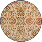Round Mediterranean wool rug with floral patterns in red, tan, and blue.