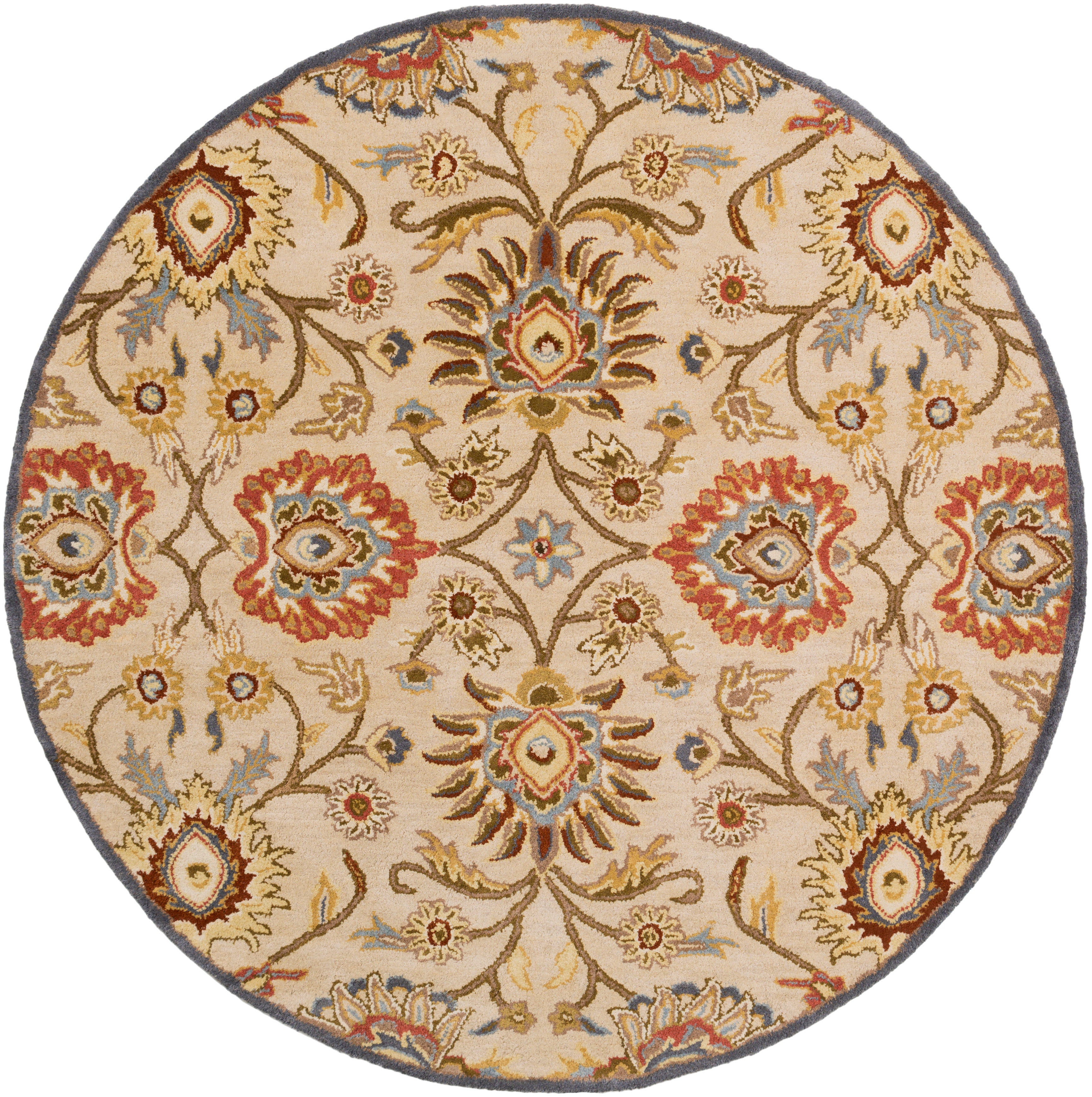 Round Mediterranean wool rug with floral patterns in red, tan, and blue.