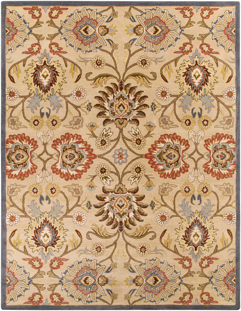 Mediterranean multi hand-tufted wool rug with floral patterns in red, tan, and blue.