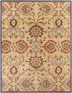 Mediterranean multi hand-tufted wool rug with floral patterns in red, tan, and blue.