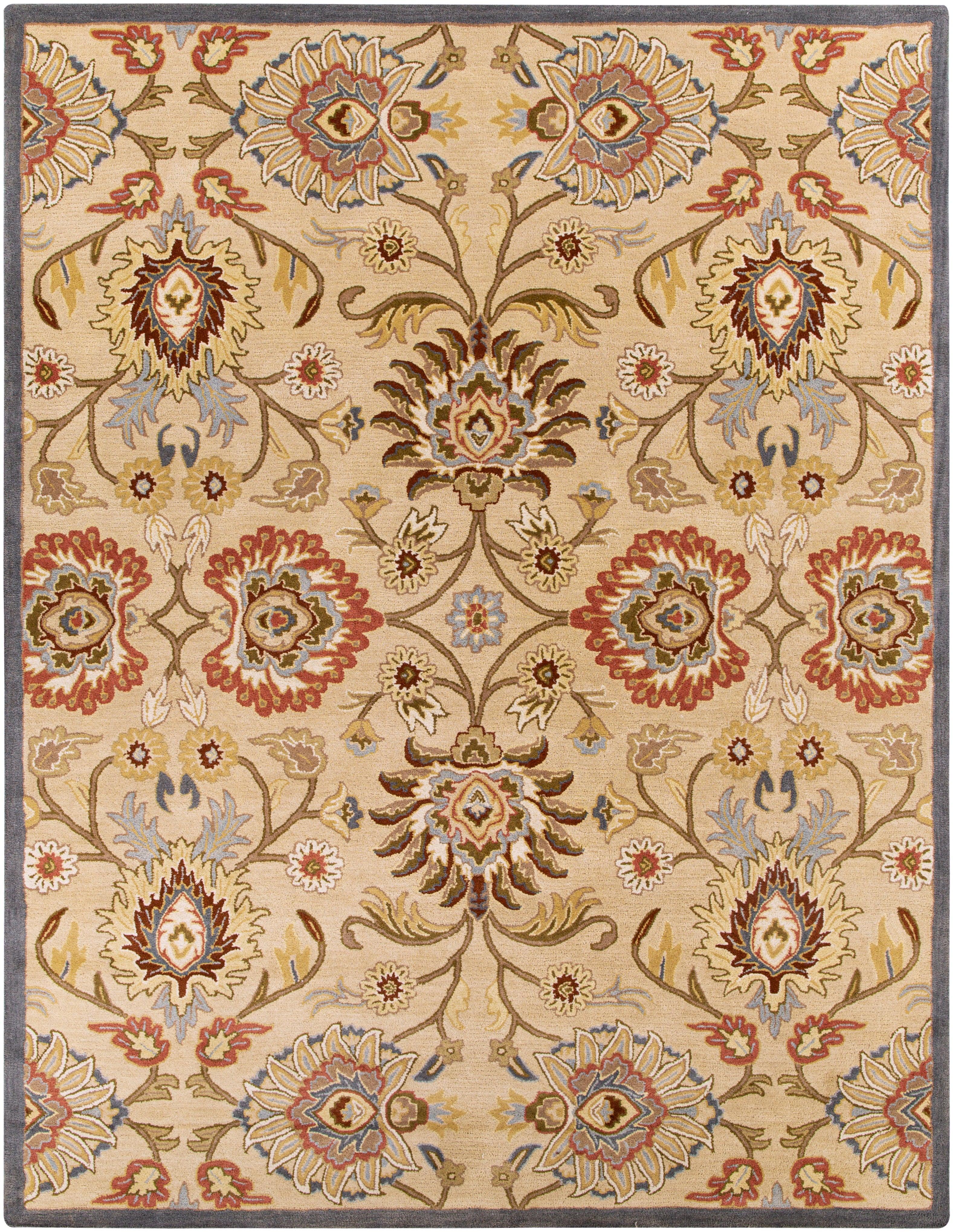 Mediterranean multi hand-tufted wool rug with floral patterns in red, tan, and blue.