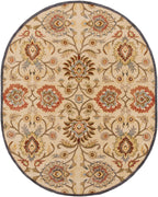 Oval Mediterranean hand-tufted wool rug with beige, red, and blue floral patterns.
