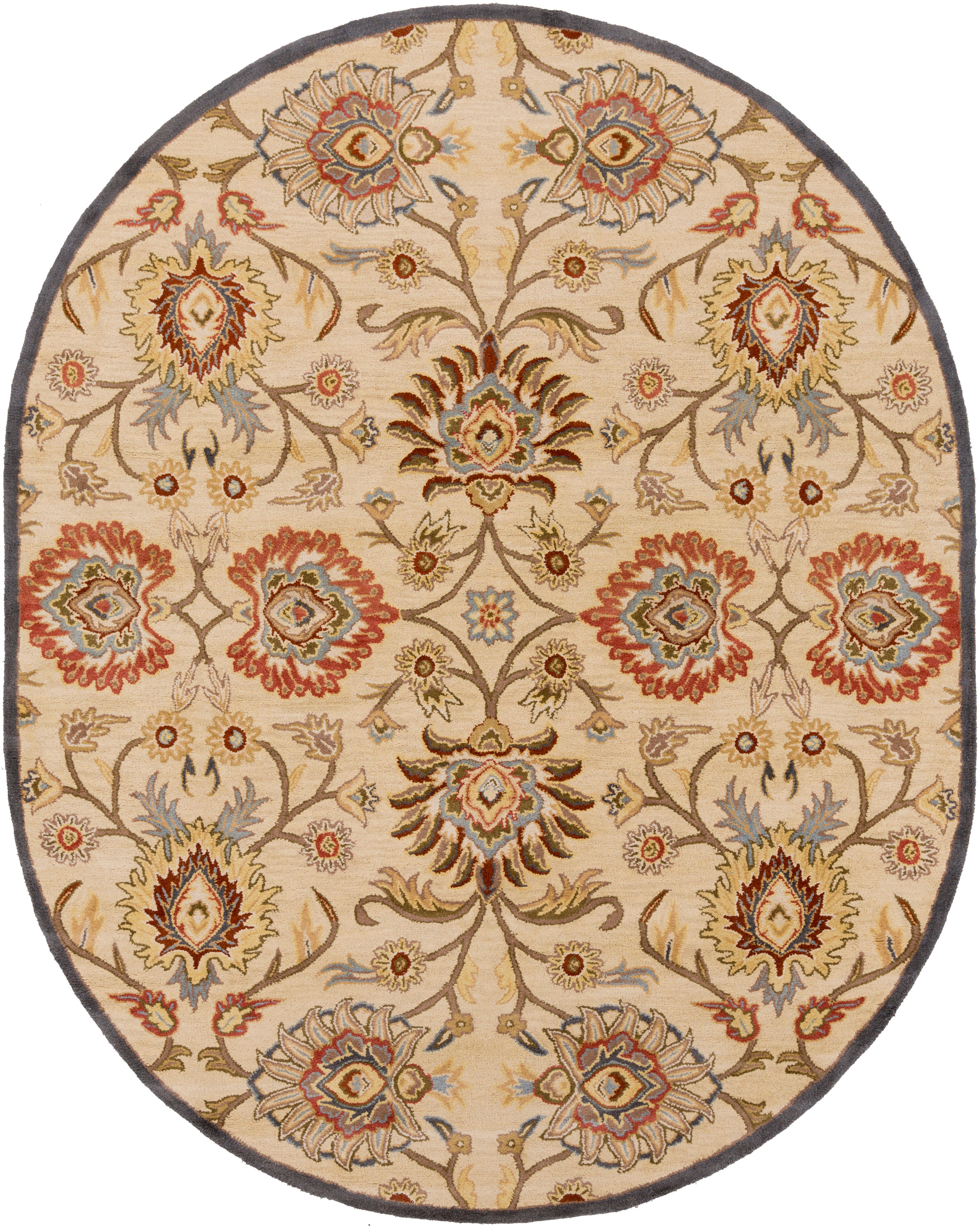 Oval Mediterranean hand-tufted wool rug with beige, red, and blue floral patterns.