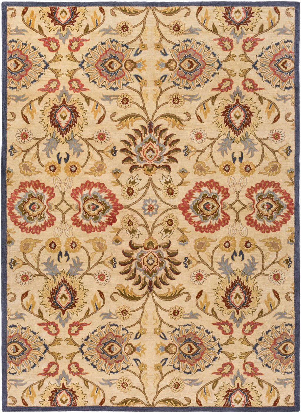 Mediterranean hand-tufted wool rug with red and blue floral patterns on a tan background.