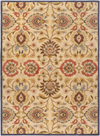 Mediterranean hand-tufted wool rug with red and blue floral patterns on a tan background.