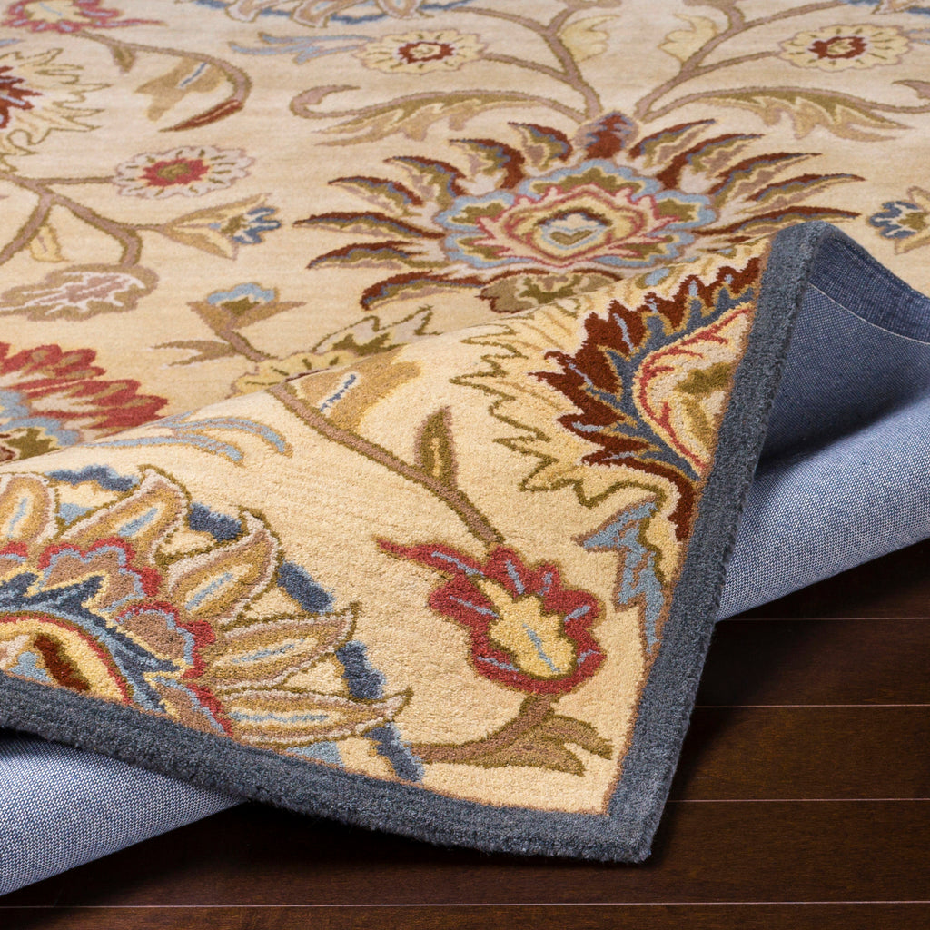 Mediterranean multi hand-tufted wool rug with floral patterns in red, blue, and tan.