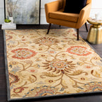 Mediterranean Multi Hand-Tufted wool rug with floral patterns in red, tan, and blue.