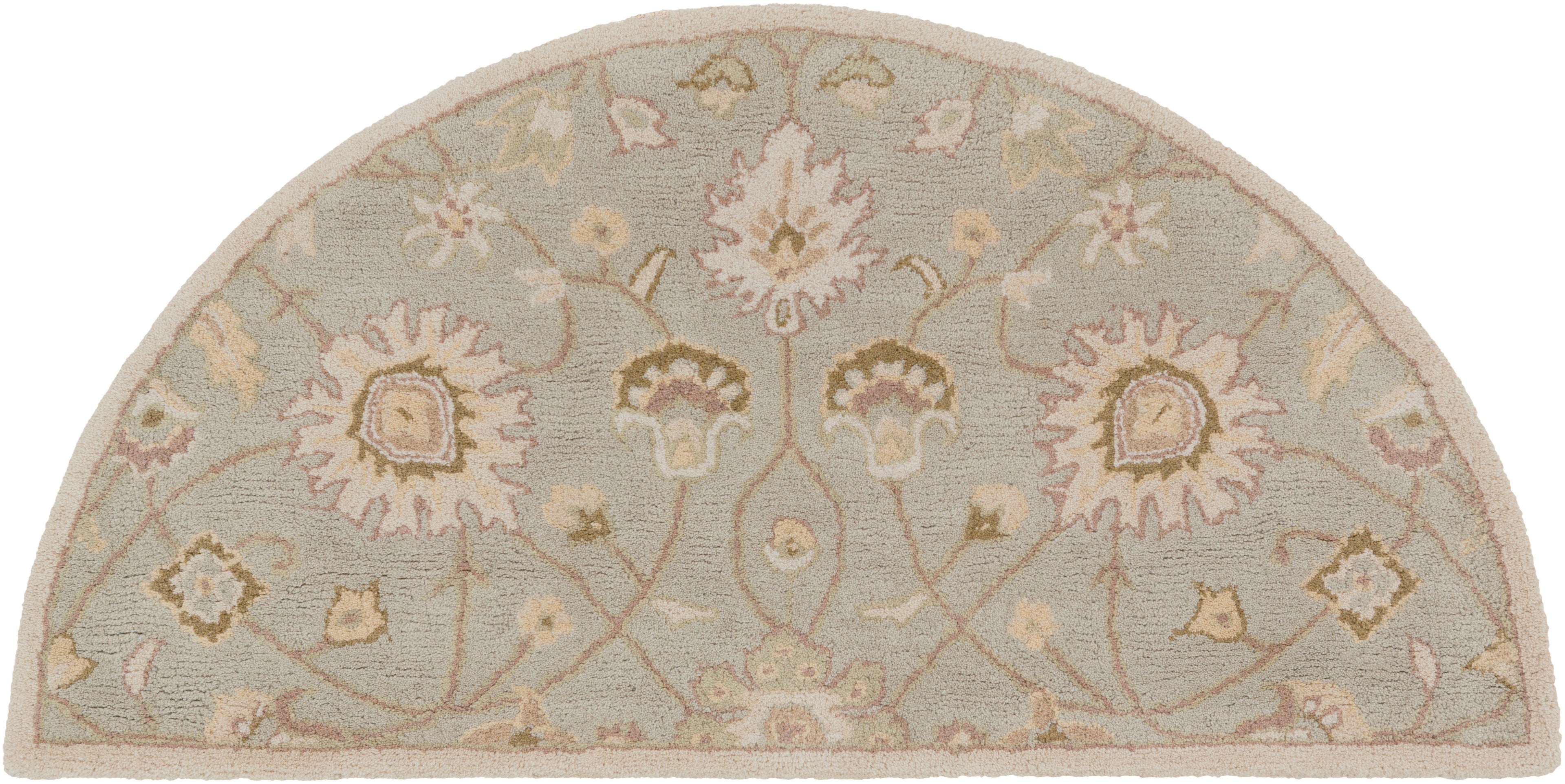 Giardino Stone half-round hand-tufted wool rug with a floral pattern in blue-grey and beige.