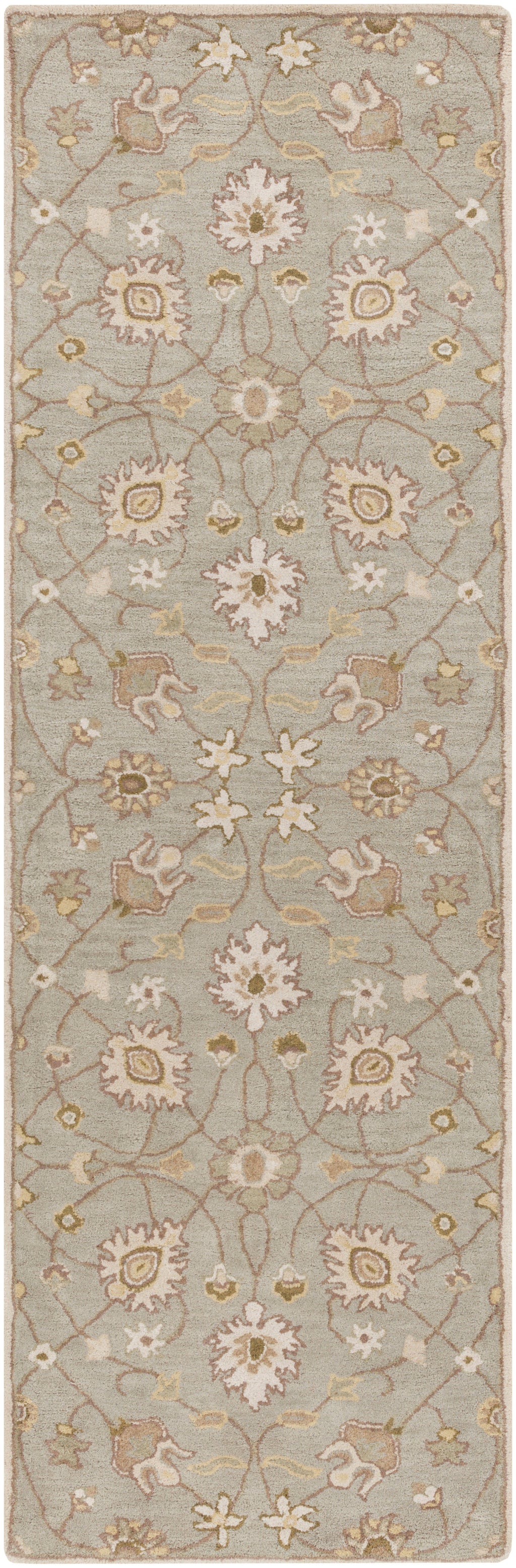 Giardino Stone hand-tufted wool runner rug with a floral pattern in blue-grey, beige, and ivory.