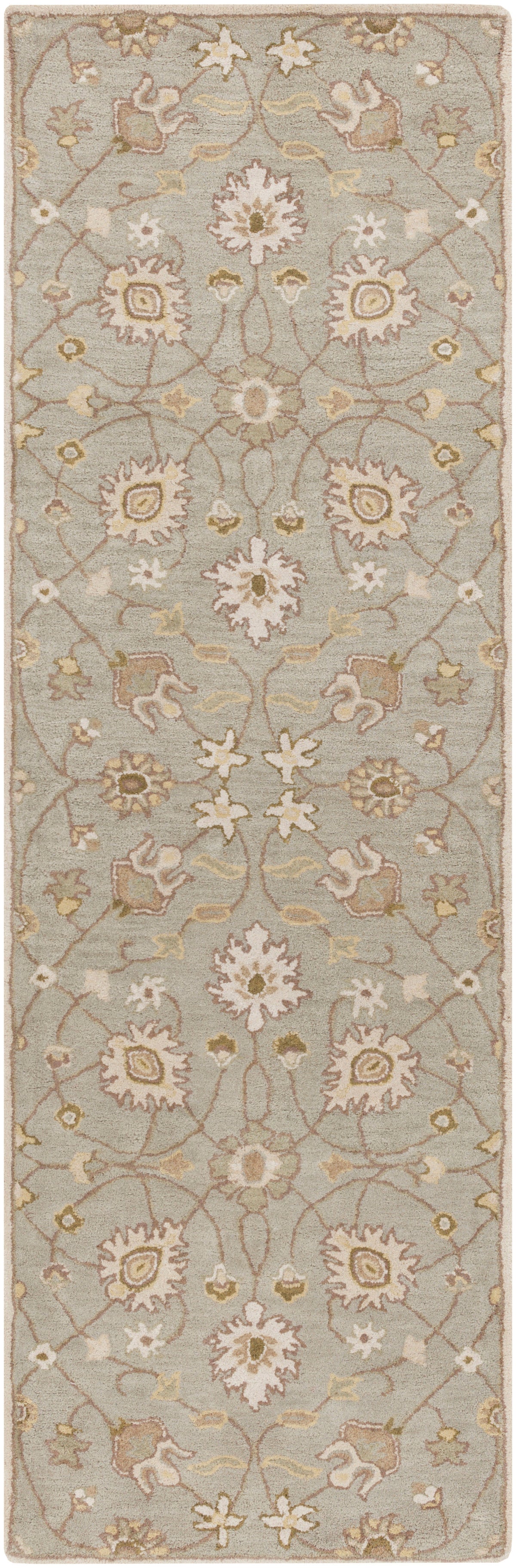 Giardino Stone hand-tufted wool runner rug with a floral pattern in blue-grey, beige, and ivory.