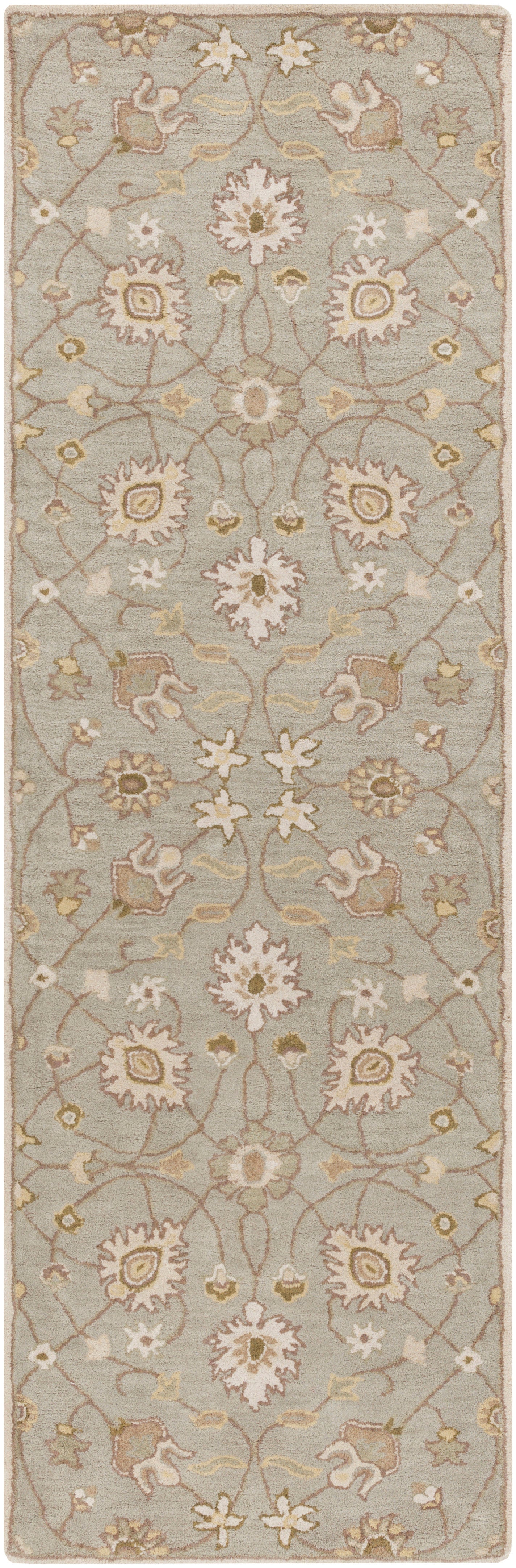 Giardino Stone hand-tufted wool runner rug with a floral pattern in blue-grey, beige, and ivory.