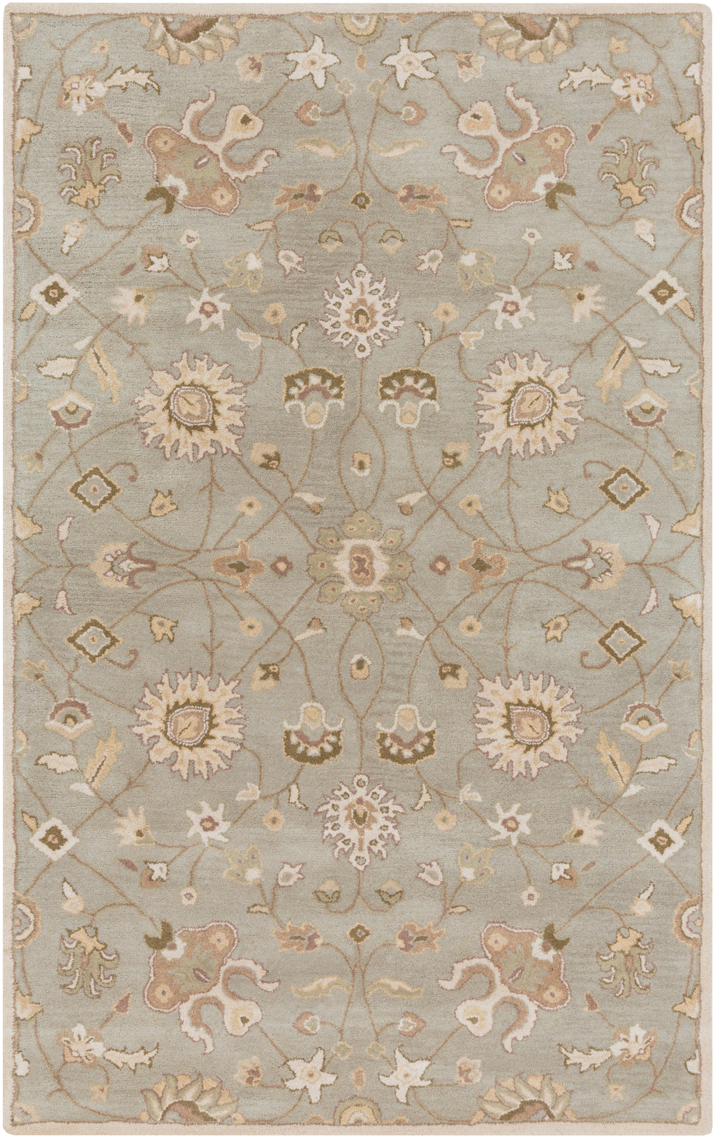 Giardino Stone hand-tufted wool rug with a floral pattern in blue-grey, beige, and brown.