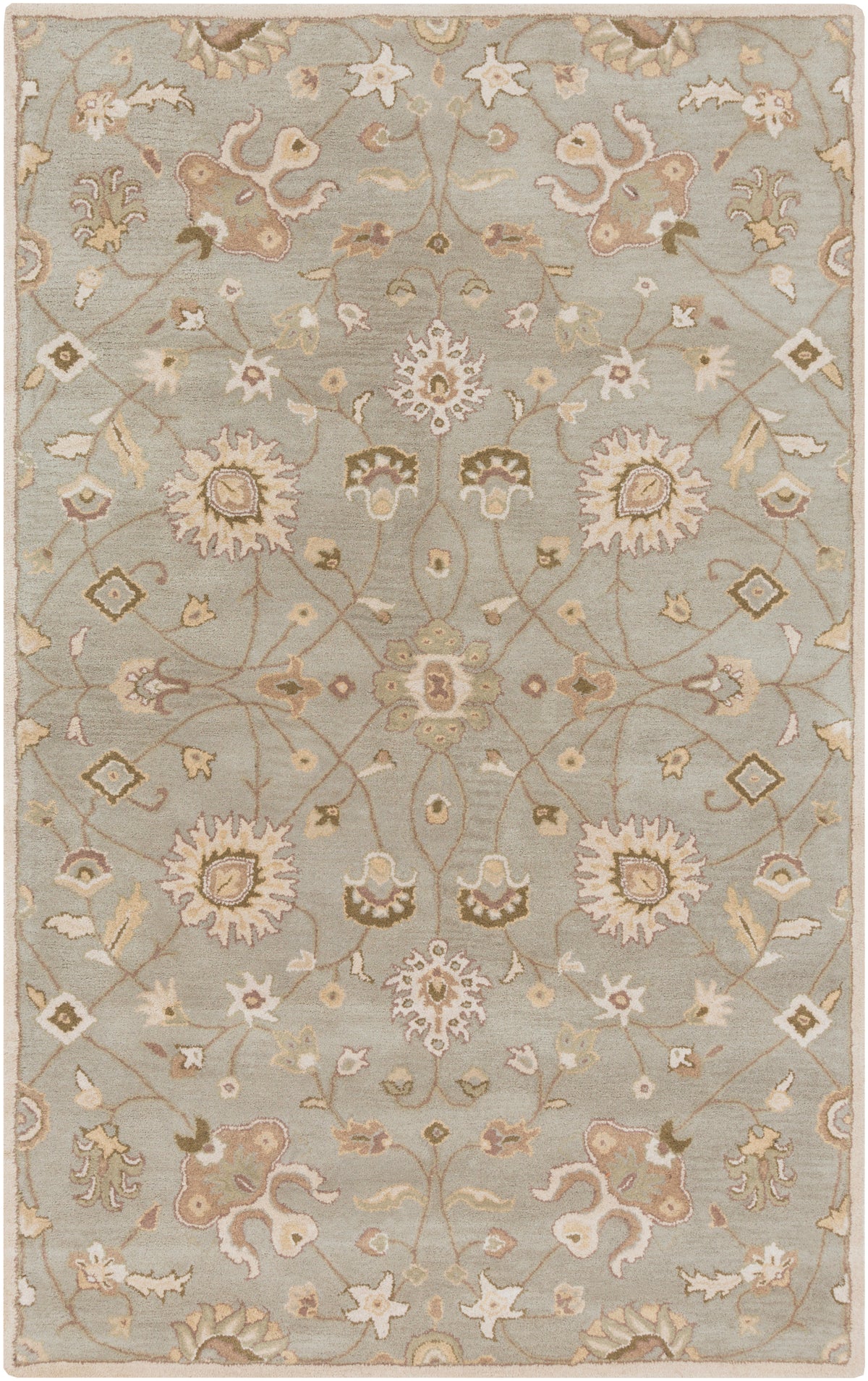 Giardino Stone hand-tufted wool rug with a floral pattern in blue-grey, beige, and brown.