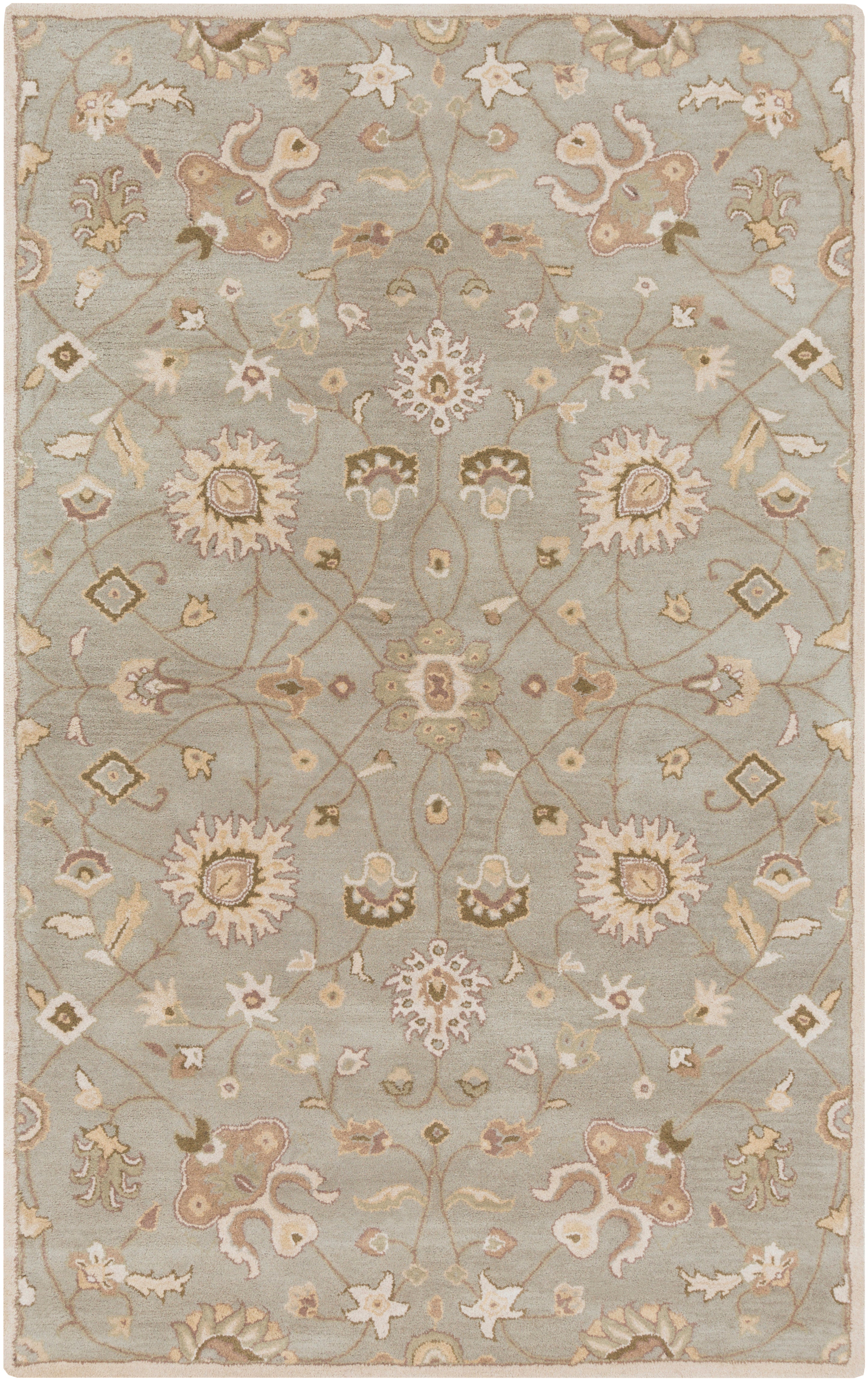 Giardino Stone hand-tufted wool rug with a floral pattern in blue-grey, beige, and brown.