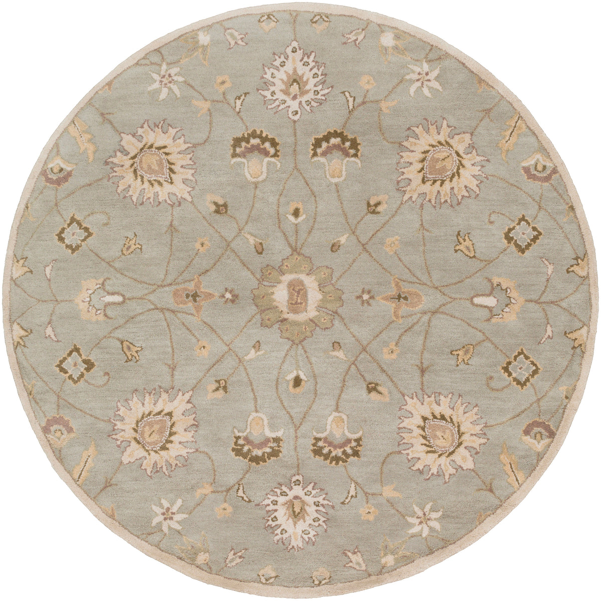 Giardino round wool rug in blue-grey with a beige floral pattern.