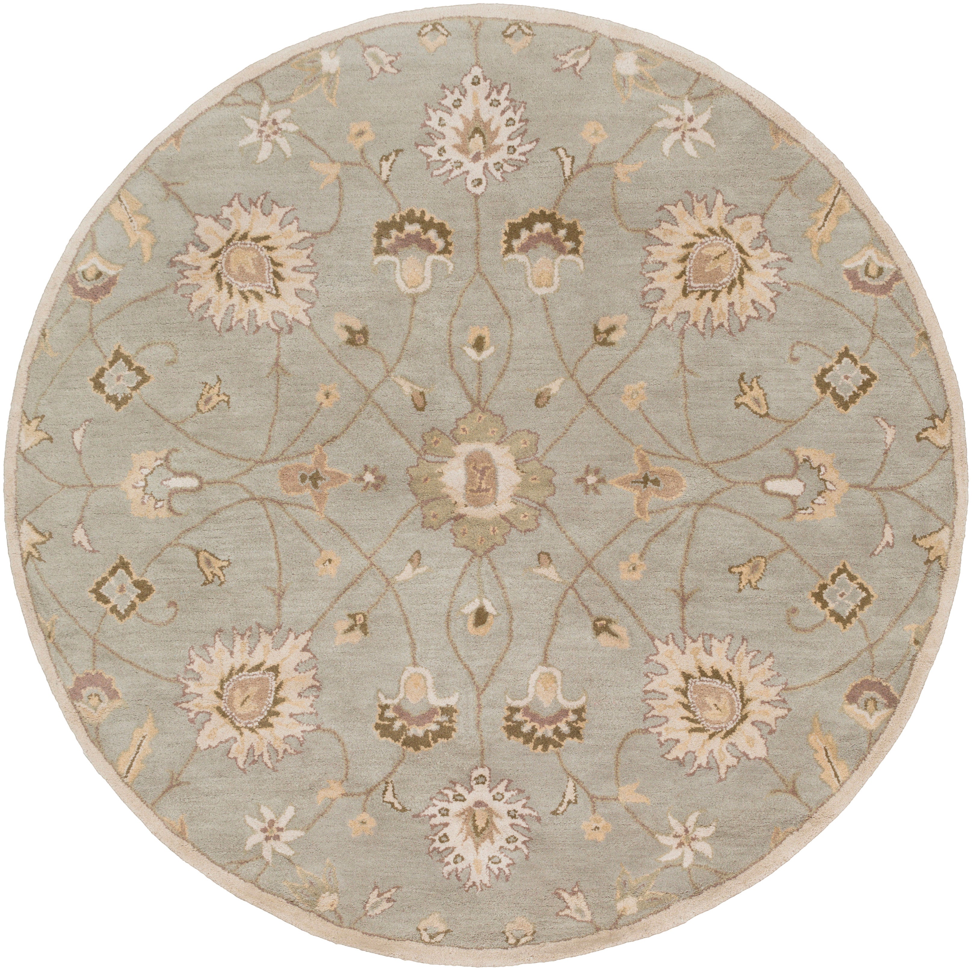 Giardino round wool rug in blue-grey with a beige floral pattern.