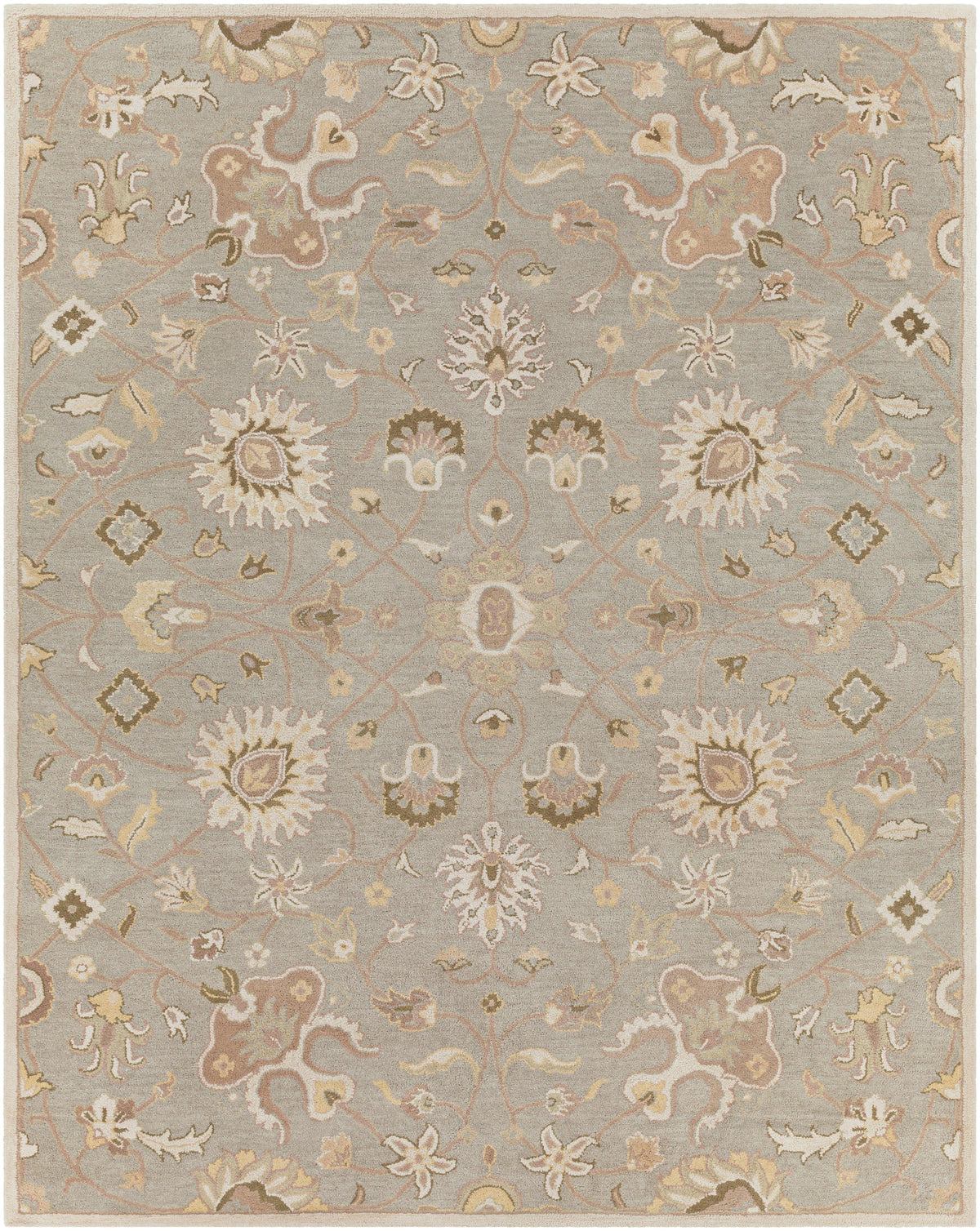 Giardino Stone hand-tufted wool rug with a blue-grey floral pattern and beige accents.