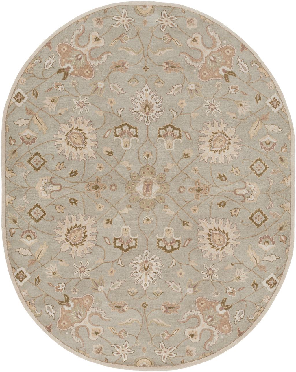 Oval Giardino Stone hand-tufted wool rug with a floral pattern in blue-grey, beige, and brown.