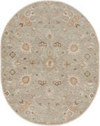 Oval Giardino Stone hand-tufted wool rug with a floral pattern in blue-grey, beige, and brown.
