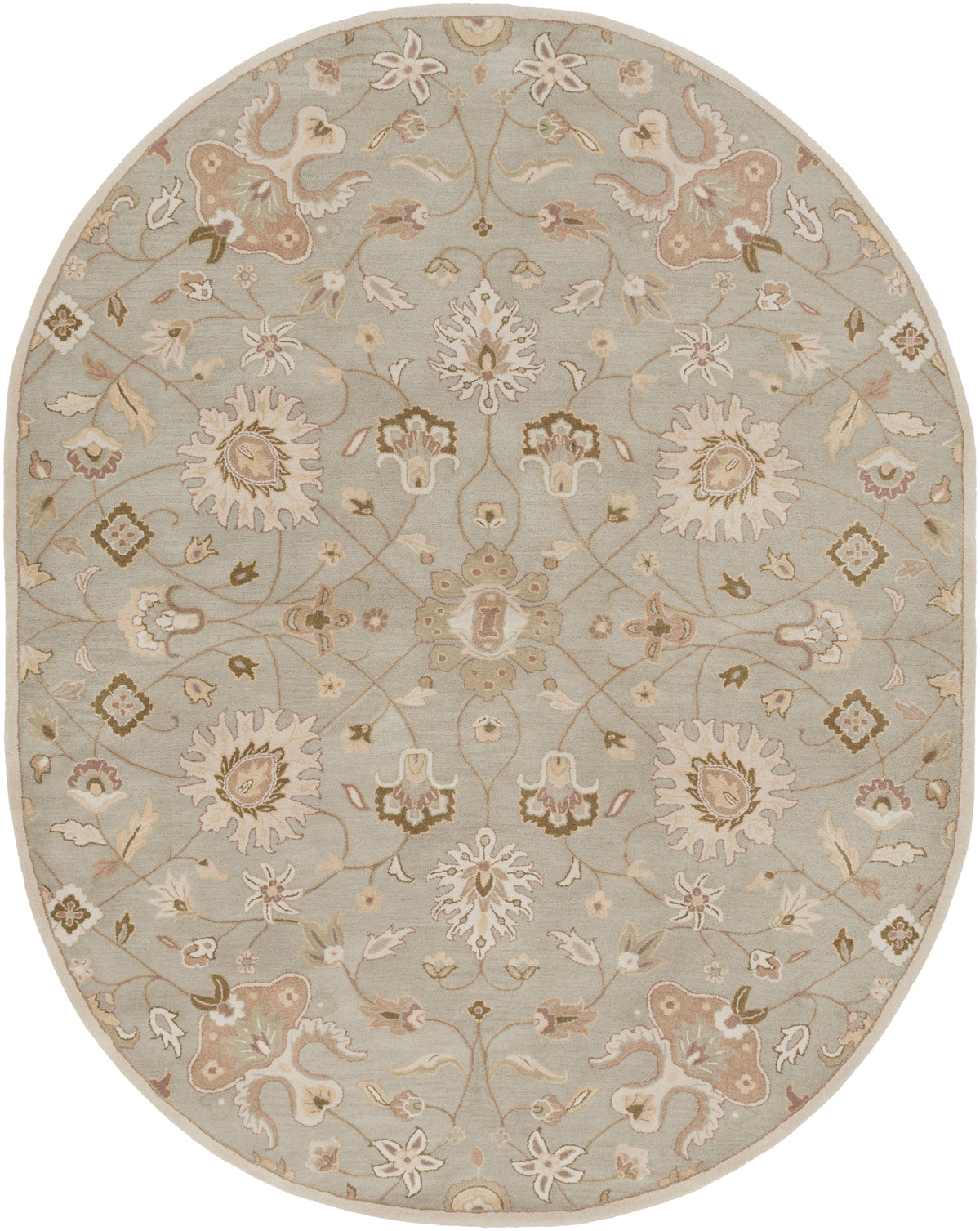 Oval Giardino Stone hand-tufted wool rug with a floral pattern in blue-grey, beige, and brown.
