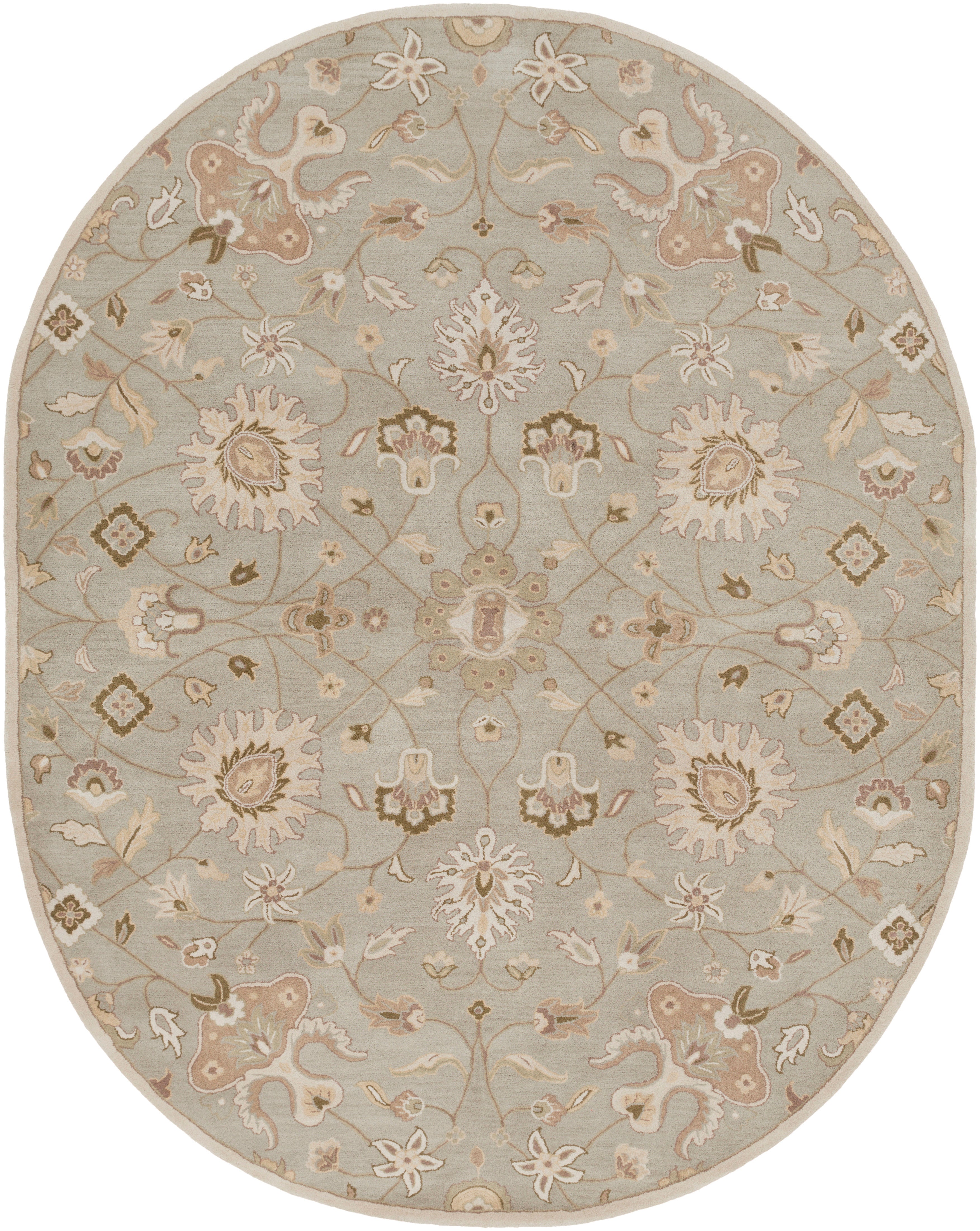 Oval Giardino Stone hand-tufted wool rug with a floral pattern in blue-grey, beige, and brown.