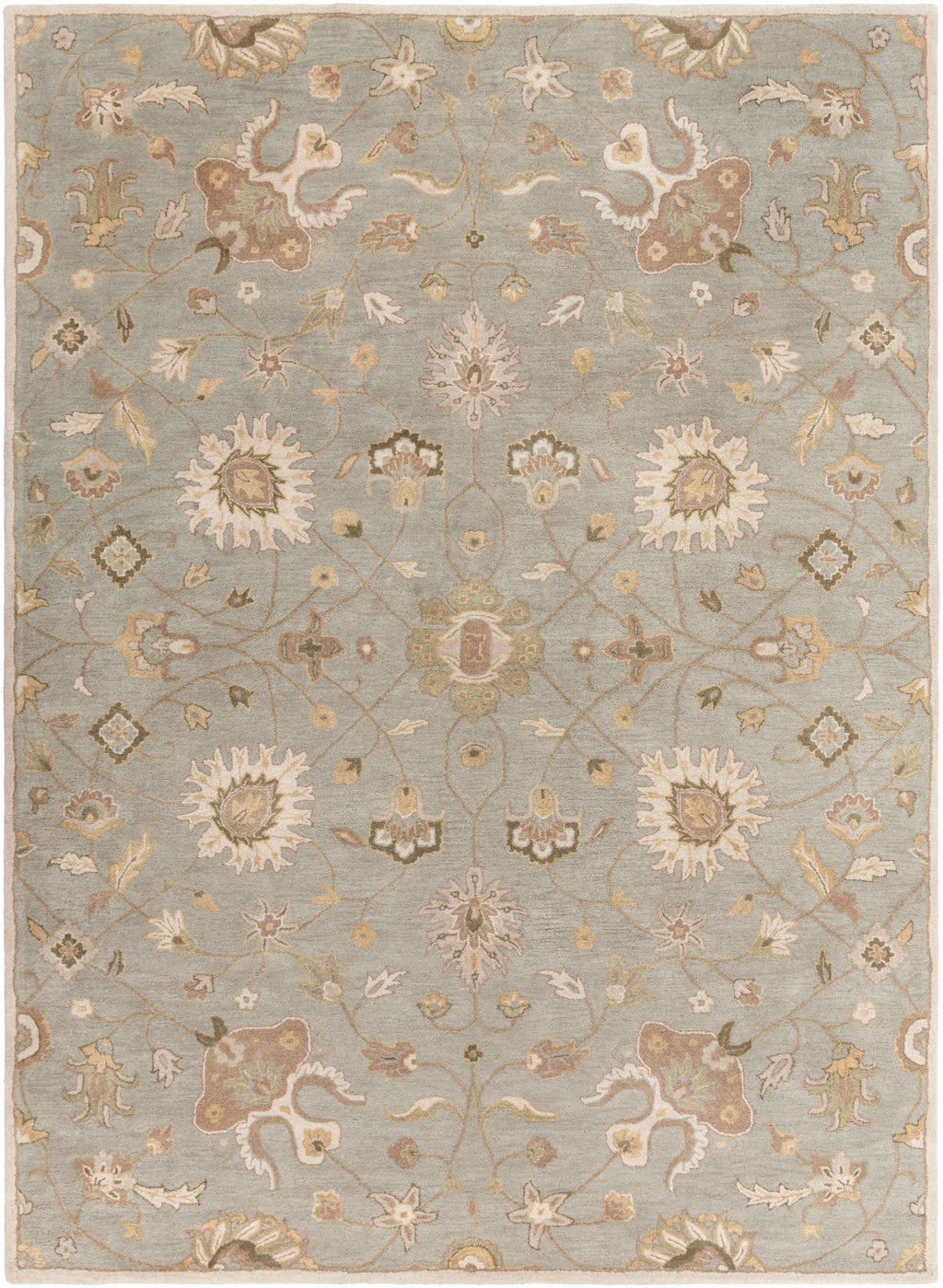 Giardino Stone hand-tufted wool rug with a blue-grey background and beige floral pattern.